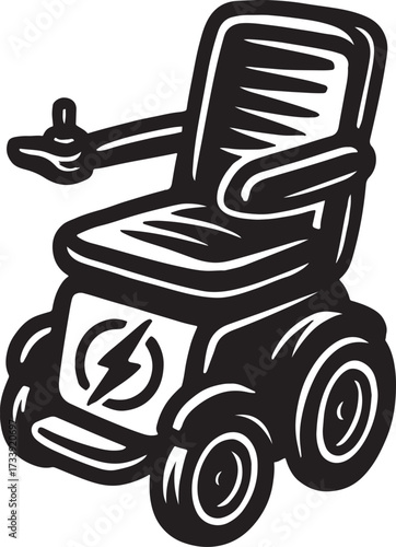 Stylized illustration of a modern electric wheelchair with a lightning bolt symbol on its front panel representing power and mobility