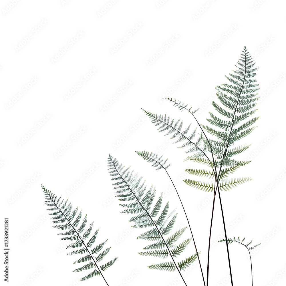 Naklejka premium Several delicate fern fronds reaching upwards against a bright white background, highlighting their unique structure and natural grace