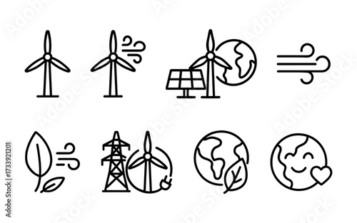 Set of ten black line icons including wind turbines, solar panel, power grid, earth globe, leaves, wind symbols, and eco plug.