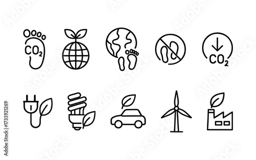 Set of ten black line icons including carbon footprint, eco car, globe, recycling, factory with plant, CO2 reduction, light bulb, electric plug, and sustainable energy symbols.