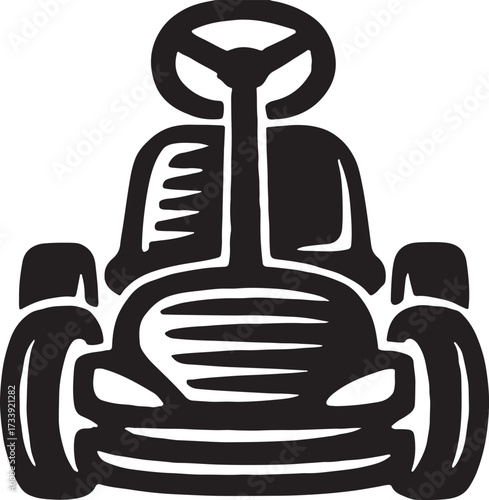 Stylized black and white silhouette of a go kart with steering wheel and wheels on a white background