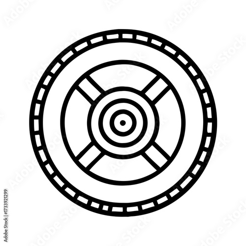 Illustration of a black outline wheel representing transportation and automotive