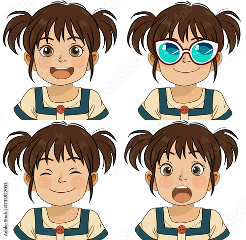 Vector illustration of a person avatar, a girl, with various facial expressions. Cartoon image of a girl with two sheep's hair tied on both sides.