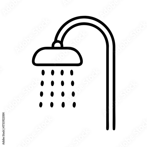 Illustration of a shower head with water pouring out, simple black line drawing