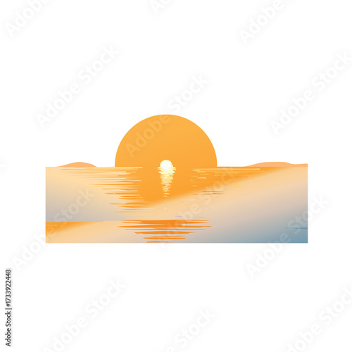 Minimalist illustration of a sunset over the ocean with a bright orange sun reflecting on the water surface.