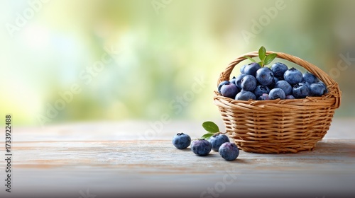 Fresh blueberries in a wicker basket on wooden table with greenery  