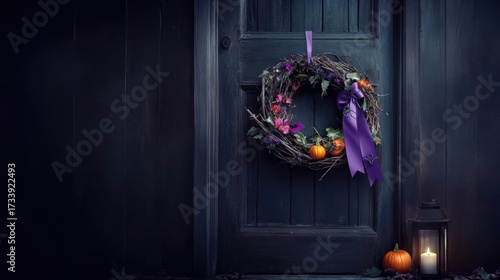Autumn wreath with purple ribbon and pumpkins on dark door  
