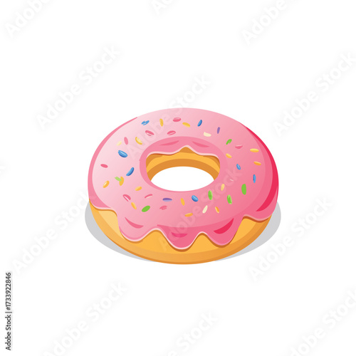 Delicious baked sweet dessert donut with pink icing and sprinkles isolated on white