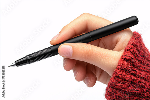 A close-up of a hand holding a black pen, with a textured red sweater visible in the background, perfect for concepts of creativity and writing.