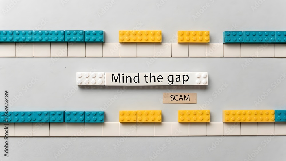 Naklejka premium Lego blocks forming parallel lines with Mind the gap and Scam message