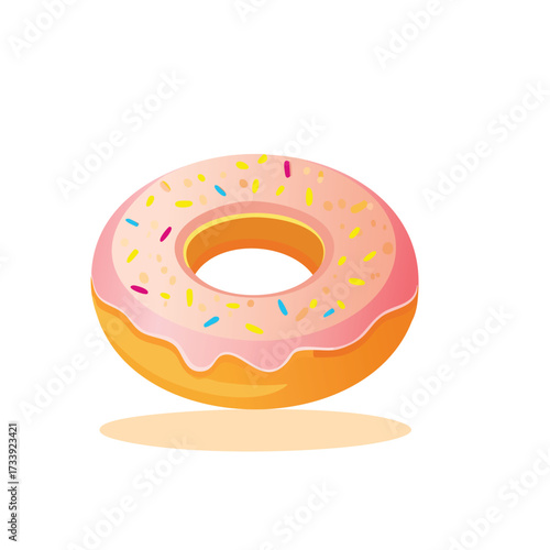 A cartoon-style illustration of a donut with pink frosting and colorful sprinkles, isolated on a white background.