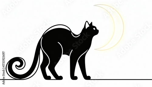 Elegant Black Cat Silhouette and Golden Crescent Moon Line Art Illustration on White Background
