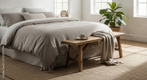 Cozy bedroom with bed and bench neutral tones comfortable and inviting.