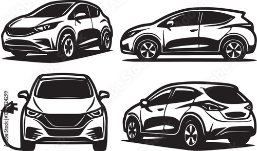 Collection of four distinct hand drawn sketch illustrations of modern compact suv vehicles in different perspectives and angles