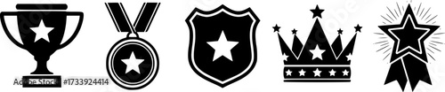 Set of black star icons: trophy, medal, badge, crown, and award symbols