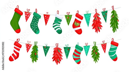 Christmas stockings and bunting set, colorful, on white background, copy space