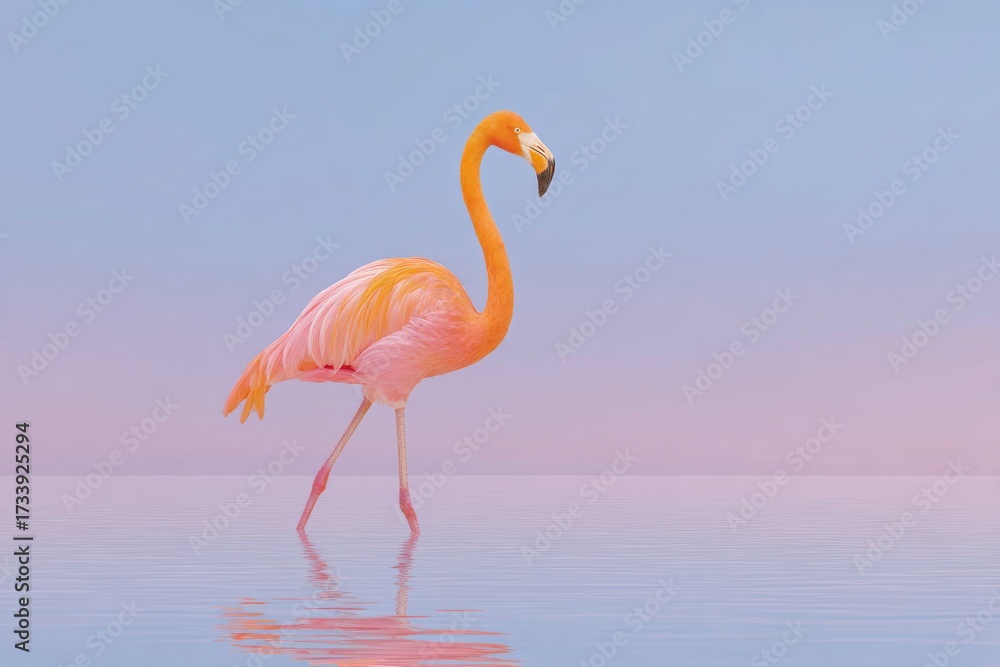 Fototapeta premium Elegant flamingo stands gracefully in tranquil waters, reflectin