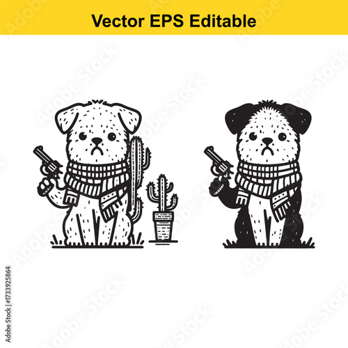 Two cartoon dogs wearing scarves holding guns with cacti isolated on white background