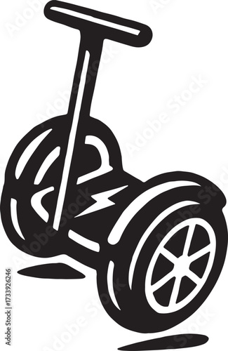Stylized black and white illustration of a self balancing electric scooter with two wheels and handlebars on a white background