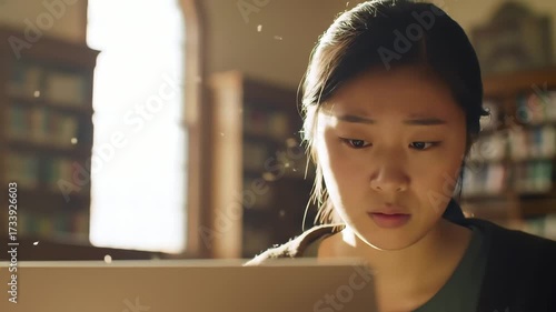 Intense concentration of a young Asian woman studying online in a classic library setting