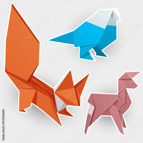 Fox, sheep, bird. Set of origami illustration. Cartoon Stickers collection. 
