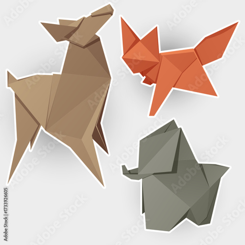 Dog, fox, elephant. Set of origami illustration. Cartoon Stickers collection. 