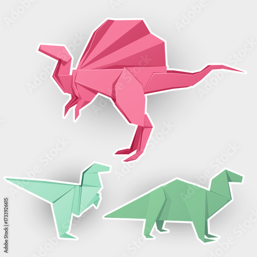 Spinosaurus, Apatosaurus, velociraptor, dinosaurus. Set of origami illustration. Cartoon Stickers collection.