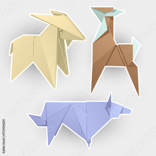 Goat, doe, wolf. Set of origami illustration. Cartoon Stickers collection. 