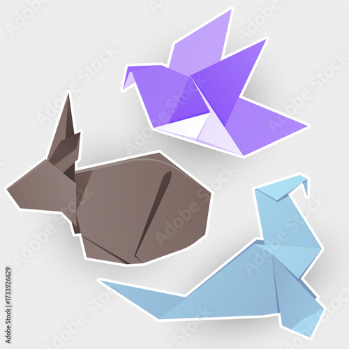 Sea elephant, bird, rabbit. Set of origami illustration. Cartoon Stickers collection. 