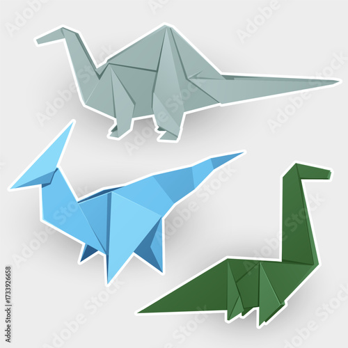 Apatosaurus, brachiosaurus, raptor, dinosaurus. Set of origami illustration. Cartoon Stickers collection.