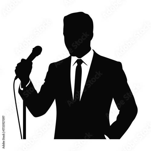 Silhouette of a man in a suit holding a microphone on a white background