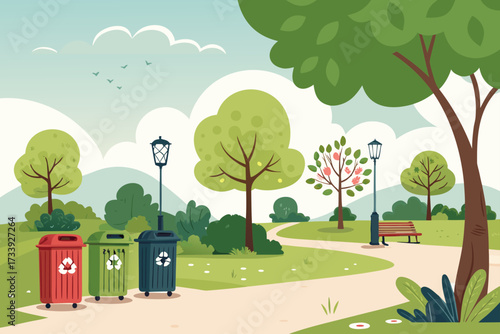 Depicting Park With Trash Bins Bold Eco Backg Crisp Premium Digital Asset