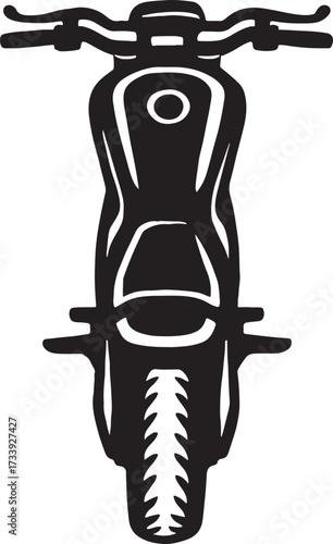 Top down silhouette of a classic motorcycle with detailed fuel tank and tire tread on a clean white background