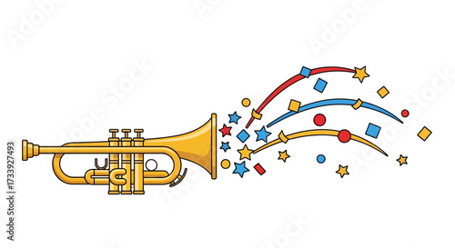 A vibrant gold trumpet with colorful geometric shapes creating a joyful celebratory ambiance