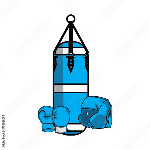 Illustrations: boxing gloves, head protectors, punching bags