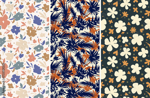 A set of seamless floral patterns in trendy colors, retro linear vector, concise, contrasting, vintage, handmade designs for fabric design, decor, postcards, elements on light and dark backgrounds