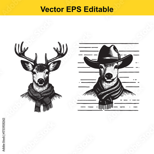Hand drawn illustration of a deer wearing a scarf and a cowboy hat, isolated on white background