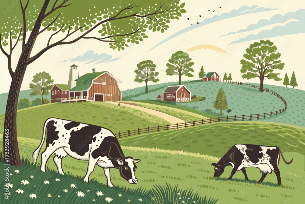 Fototapeta premium Cows Grazing Field Bold Livestoc Creative Visual Perfect for Editorial Content