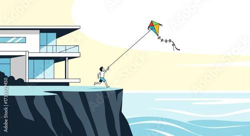 A boy enjoys flying a colorful kite near a modern house on a cliff by the sea