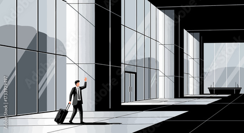 A business traveler with luggage says goodbye in a modern airport terminal scene conveying