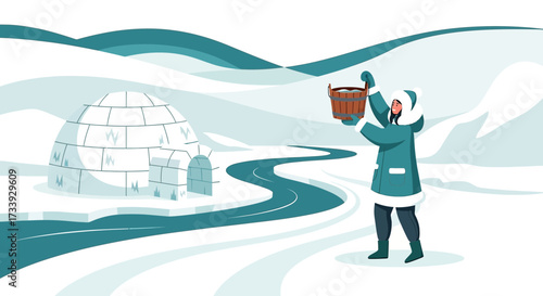 A cheerful woman in winter clothing stands near an igloo holding a basket illustration