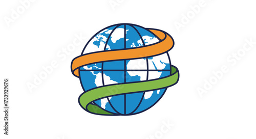Stylized world globe illustration with encircling orange and green bands symbolizing global