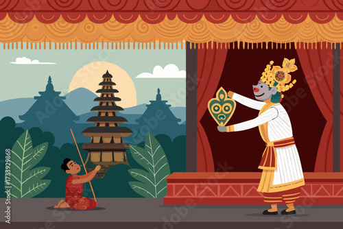 Elegant Dhalang Raising Wayang Puppet Stage Bold Vect Creative Visual