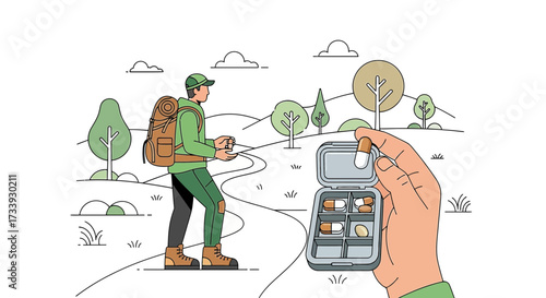 A hiker taking medication outdoors, representing health and wellness in nature or adventure travel