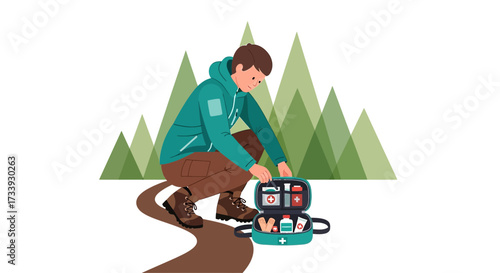 A hiker tending to a medical emergency with a first aid kit in the mountains illustrative image