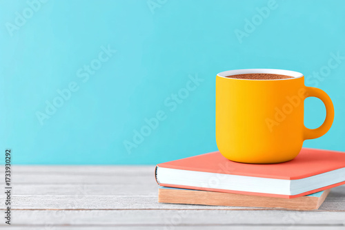 Bright yellow mug sits atop stacked books, creating cheerful workspace atmosphere