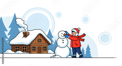 A joyful winter scene featuring a child building a snowman near a cozy cabin