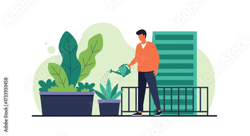 A man waters plants on his apartment balcony in an urban gardening scene illustration