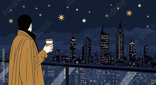 A man contemplates the illuminated cityscape with coffee under a starry night sky illustration
