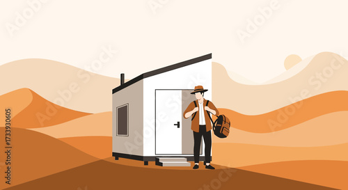 A minimalist traveler arriving at a remote desert cabin for a solitary retreat with sand dunes